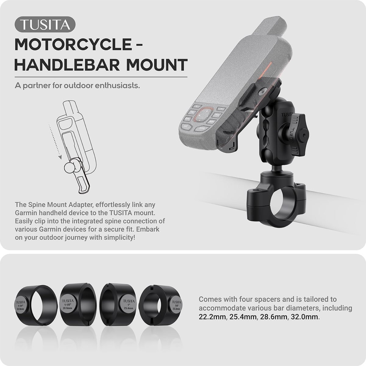 Motorcycle GPS Mount for Garmin Handhelds — Spine Clip Handlebar Kit — view 2